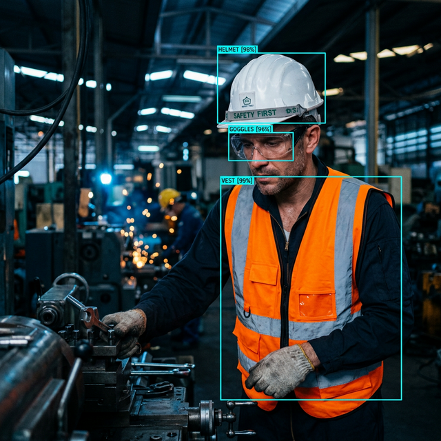 SafetyEye AI detecting PPE equipment on worker — helmet, vest, goggles
