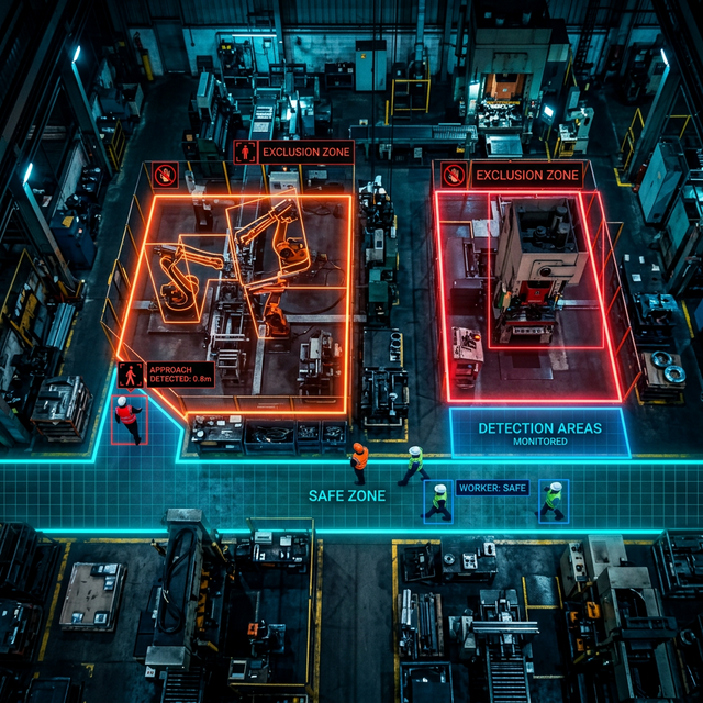 SafetyEye AI monitoring restricted zones and exclusion areas in a factory
