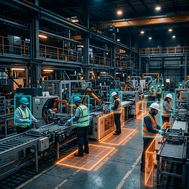SafetyEye AI detecting PPE and safety hazards on a factory floor using computer vision